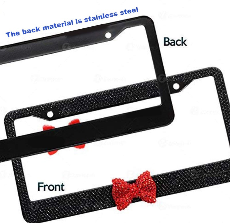 BFhongly 2 Pack Diamond License Plate Frame with Bow Tie, Luxury Black Glass Crystal Rhinestone Bling License Plate Frame, Stainless Sparkly Bedazzled License Plate Frames for Women Cute with Anti Theft Screw - Image 4