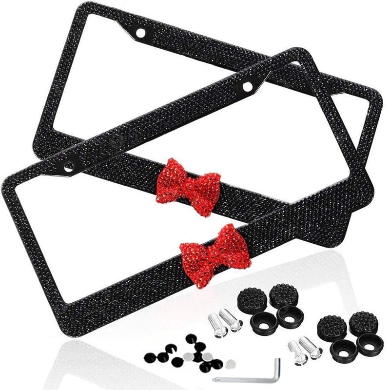 BFhongly 2 Pack Diamond License Plate Frame with Bow Tie, Luxury Black Glass Crystal Rhinestone Bling License Plate Frame, Stainless Sparkly Bedazzled License Plate Frames for Women Cute with Anti Theft Screw - Image 1