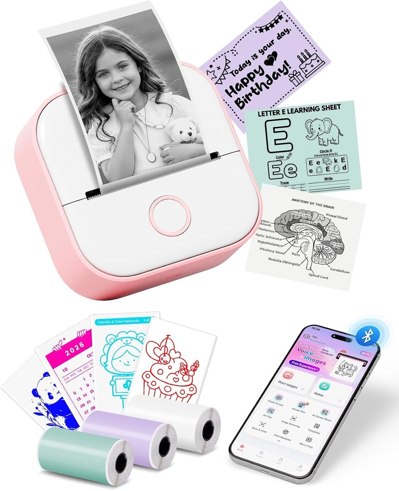 Memoking Mini Sticker Printer T02 Small Thermal Printer for Phone, Portable Wireless Note Printer with 3 Rolls Paper for Children’s Day Birthday, Compatible with iOS & Android, Pink - Image 1