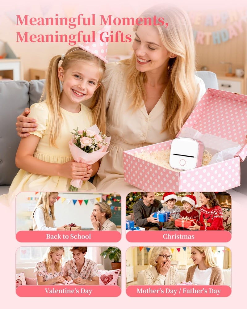 Memoking Mini Sticker Printer T02 Small Thermal Printer for Phone, Portable Wireless Note Printer with 3 Rolls Paper for Children’s Day Birthday, Compatible with iOS & Android, Pink - Image 3