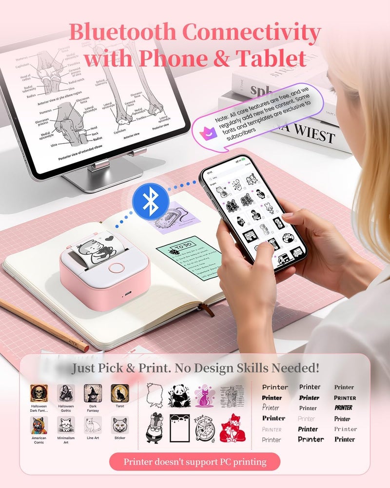 Memoking Mini Sticker Printer T02 Small Thermal Printer for Phone, Portable Wireless Note Printer with 3 Rolls Paper for Children’s Day Birthday, Compatible with iOS & Android, Pink - Image 4
