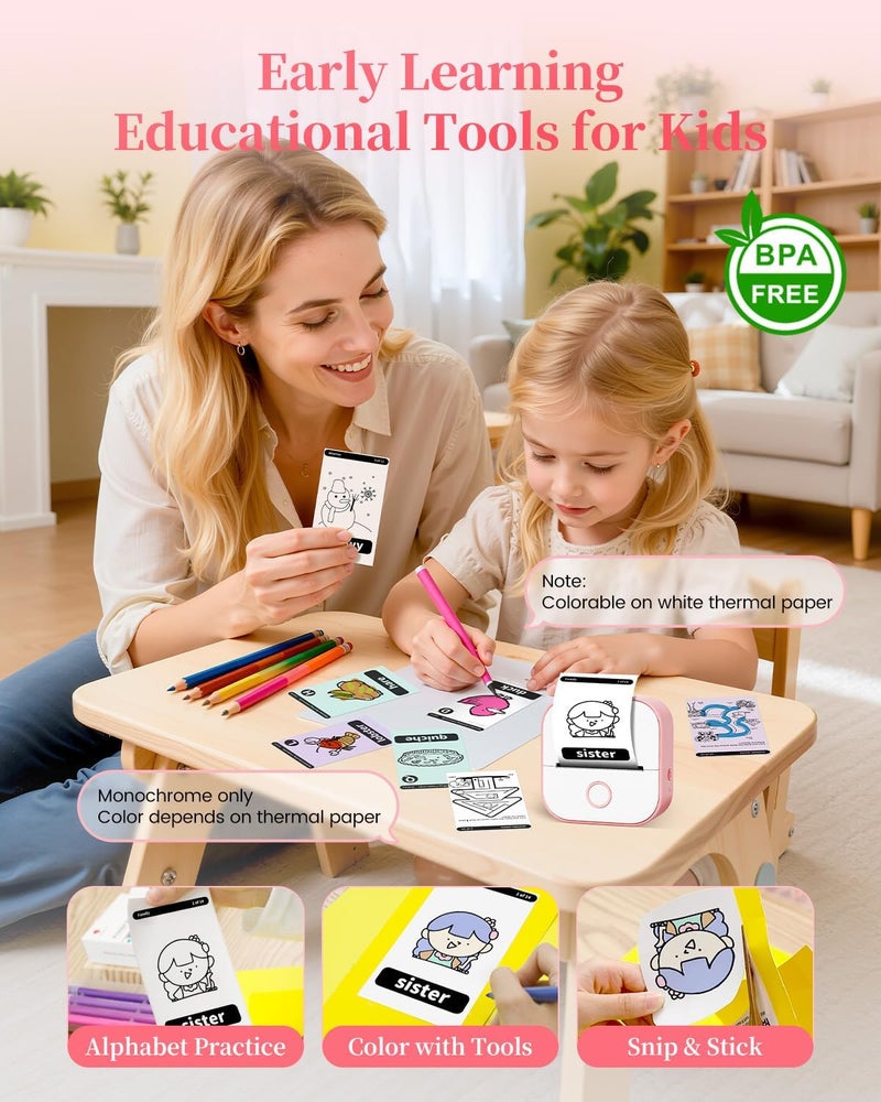 Memoking Mini Sticker Printer T02 Small Thermal Printer for Phone, Portable Wireless Note Printer with 3 Rolls Paper for Children’s Day Birthday, Compatible with iOS & Android, Pink - Image 5