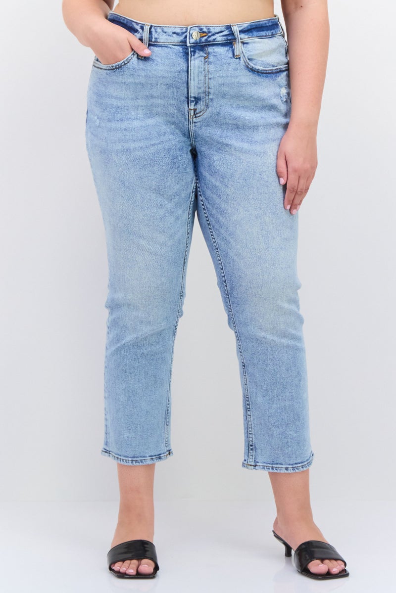 Vigoss Women Plus Size High Waist Rip Straight Leg Washed Denim, Blue  - Image 1