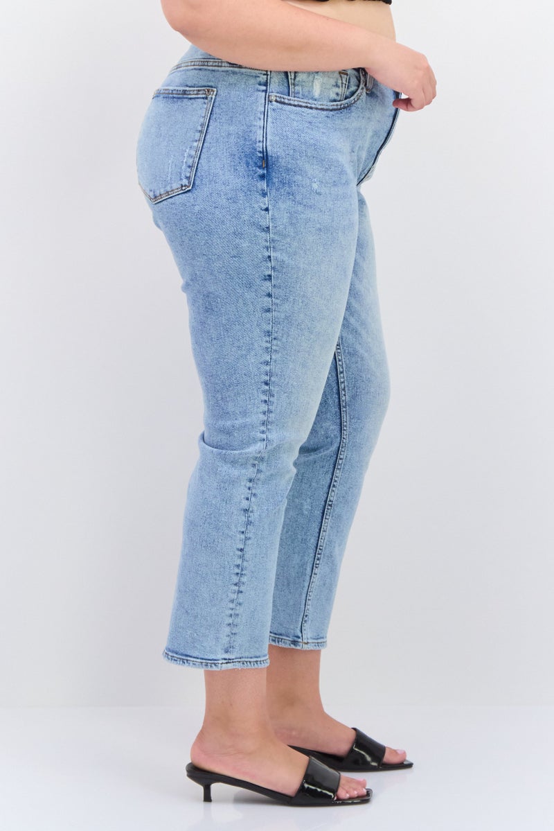 Vigoss Women Plus Size High Waist Rip Straight Leg Washed Denim, Blue  - Image 3