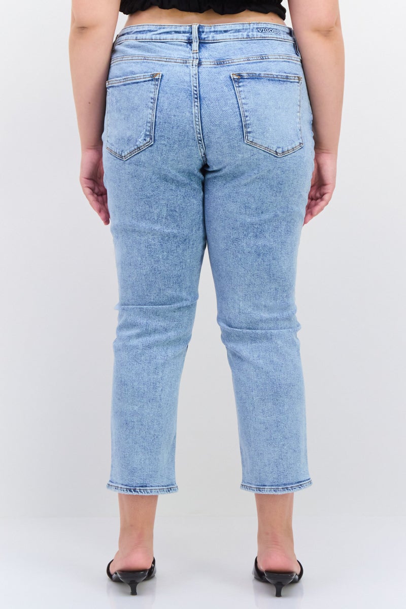 Vigoss Women Plus Size High Waist Rip Straight Leg Washed Denim, Blue  - Image 4