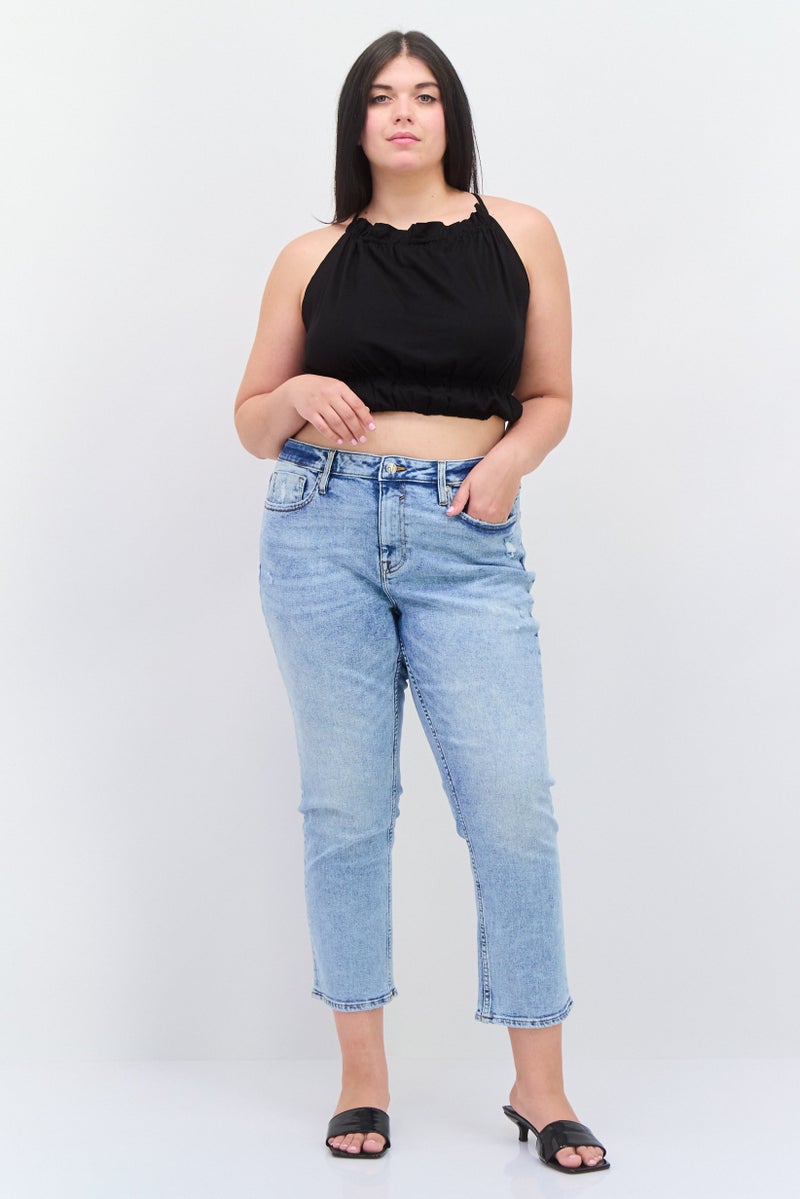 Vigoss Women Plus Size High Waist Rip Straight Leg Washed Denim, Blue  - Image 2