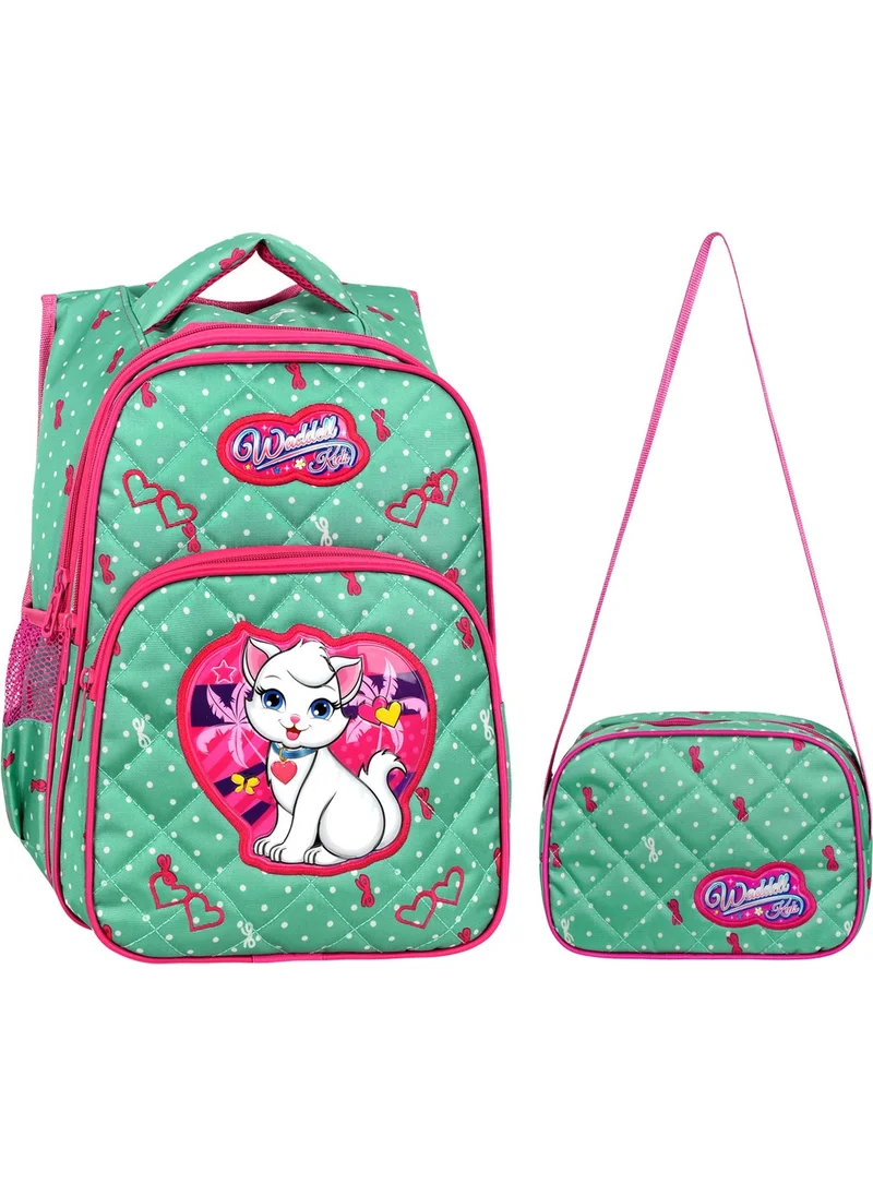 Waddell Licensed Mint Green Cat Patterned Emboos Primary School Backpack and Lunchbox