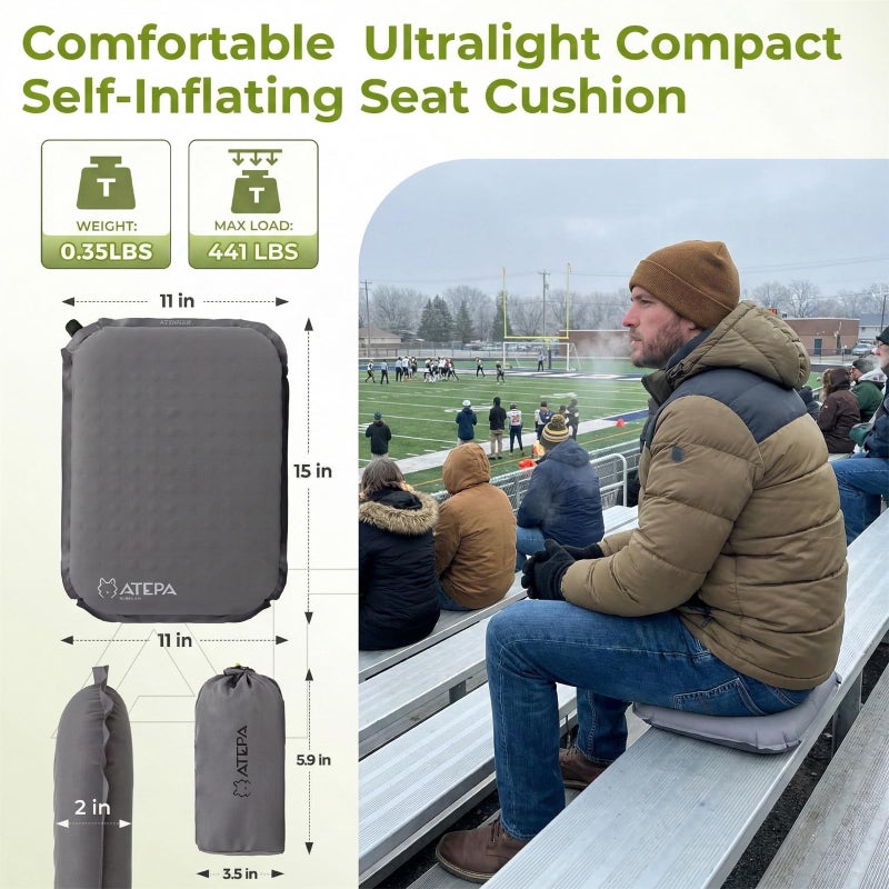 ATEPA Inflatable Seat Cushion, Self-Inflating Portable Stadium Airplane Travel Foam Cushion Pad for Camping, Sports Events, Outdoor, Grey - Image 4