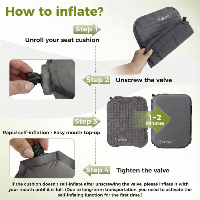 ATEPA Inflatable Seat Cushion, Self-Inflating Portable Stadium Airplane Travel Foam Cushion Pad for Camping, Sports Events, Outdoor, Grey - Image 5
