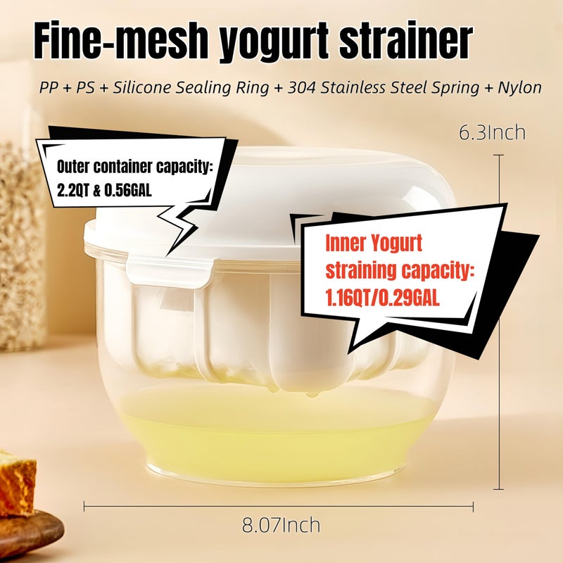 FindXeink Yogurt Strainer-[2.2QT/0.56GAL]Large, [1.16QT/0.29GAL]Filter Capacity, Spring-Assisted Yogurt Filter, Stainless Steel Mesh, BPA-Free Detachable for Homemade Greek Yogurt - Image 3