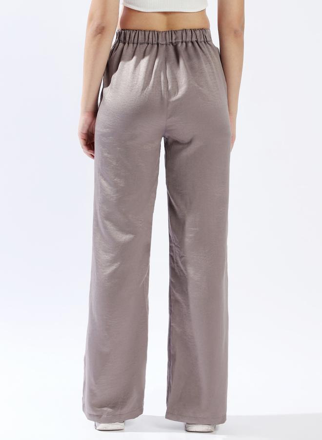 Women's Mid Grey 100% Polyester Solid Pattern Full Length Palazzo Wide Leg Trouser