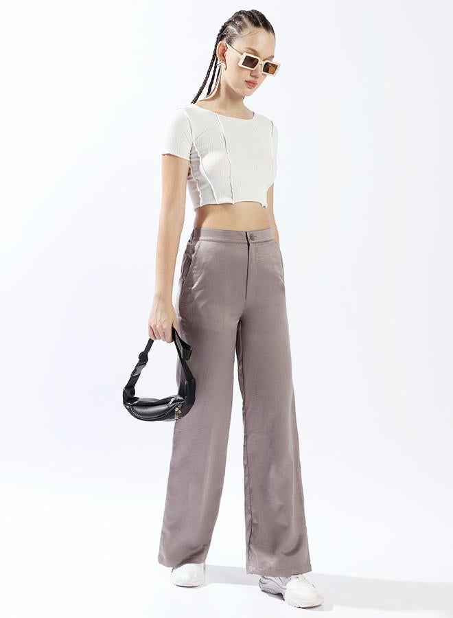 Women's Mid Grey 100% Polyester Solid Pattern Full Length Palazzo Wide Leg Trouser