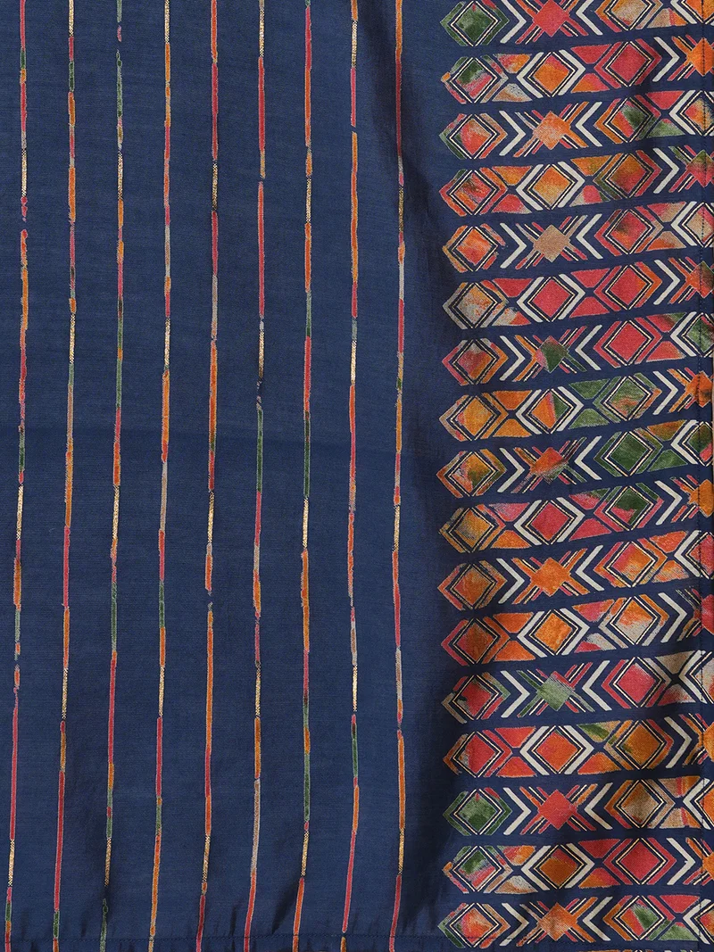 globus Women Blue & Red Geometric Printed Regular Thread Work Kurta With Trousers & With Dupatta