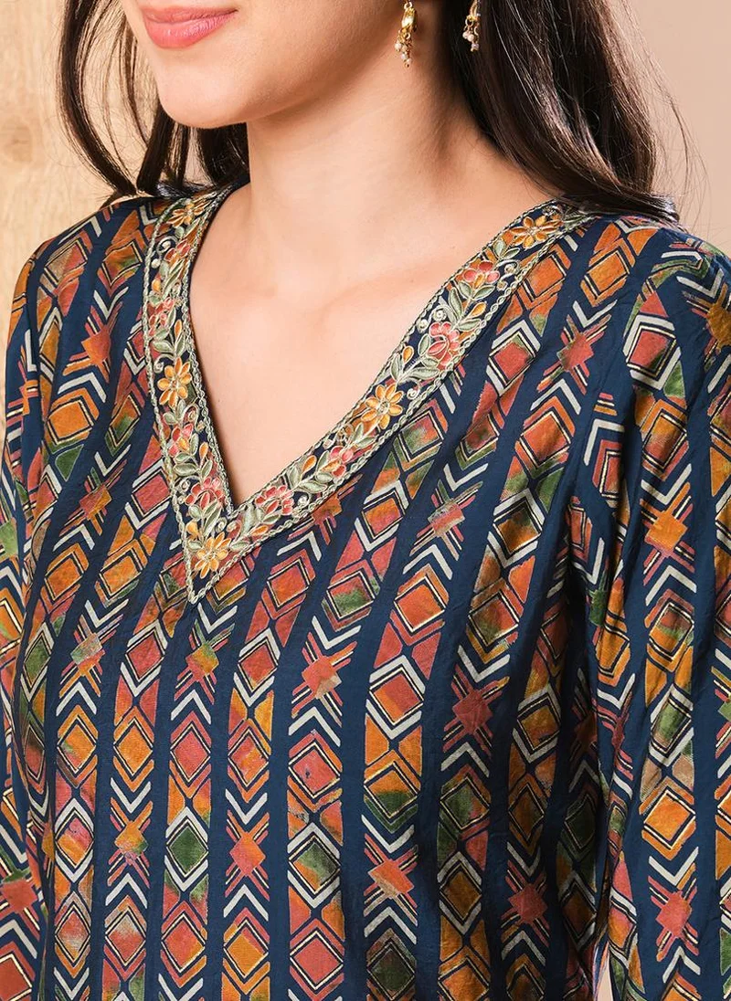 globus Globus Women Blue & Red Geometric Printed Regular Thread Work Kurta With Trousers & Dupatta Festive Set