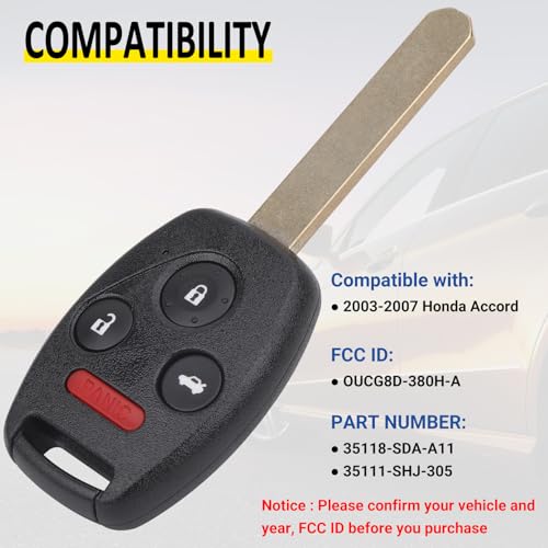 Vurkcy Keyless Entry Remote Control Uncut Car Ignition Key Fob Compatible with Honda Accord 2003-2007, Replacement for OUCG8D-380H-A, 4 Button - Image 2