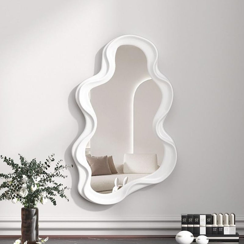 Hosoncovy Irregular Frame Wall Hanging Decorative Makeup Vanity Mirror for Bathroom Living Room Bedroom White