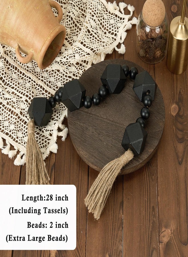 OMISHE 2" Octagonal Extra Large Wood Bead Garland with Tassels, 28" Long Rustic Farmhouse Wooden Beads Garland, Decorative Beads Boho Decorations for Home Table Mantle Black - Image 2