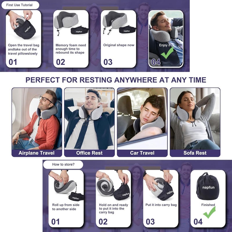 ديب سليب إيفري نايت وسادة سفر من الرغوة النقية Pure Memory Foam، أفضل دعم للرقبة والرأس أثناء النوم في الطائرة، مناسبة للاستخدام أثناء السفر وفي المنزل والمكتب (اللون الرمادي)، رمادي - Image 5