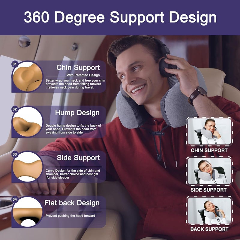 ديب سليب إيفري نايت وسادة سفر من الرغوة النقية Pure Memory Foam، أفضل دعم للرقبة والرأس أثناء النوم في الطائرة، مناسبة للاستخدام أثناء السفر وفي المنزل والمكتب (اللون الرمادي)، رمادي - Image 3