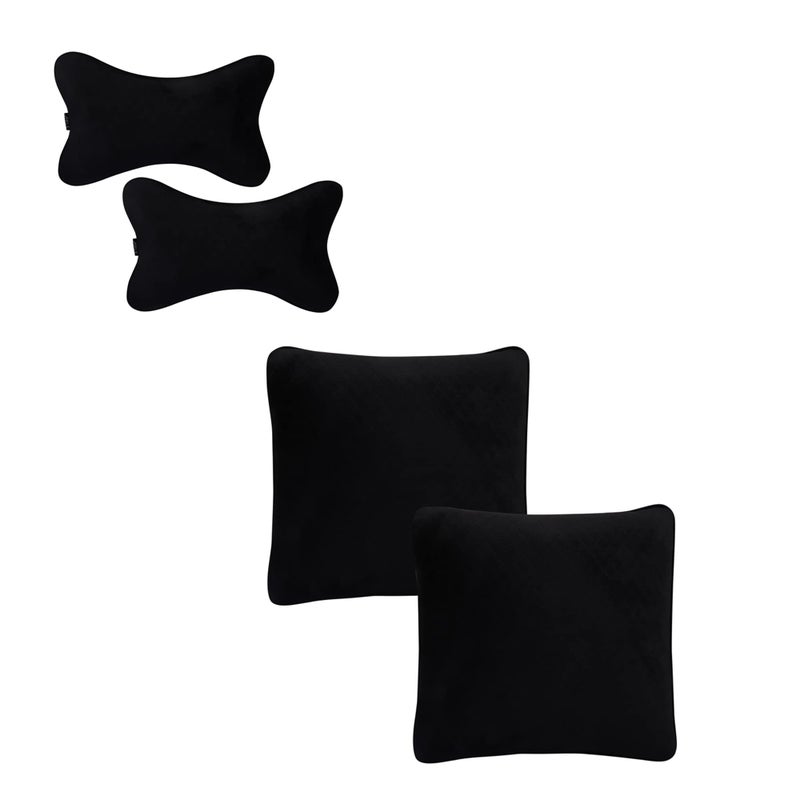 ABLE Velvet Kit Comfy Pillow Square Cushion and Neckrest necksupporters Black Suitable for All Cars Set of 4 Pcs - Image 1