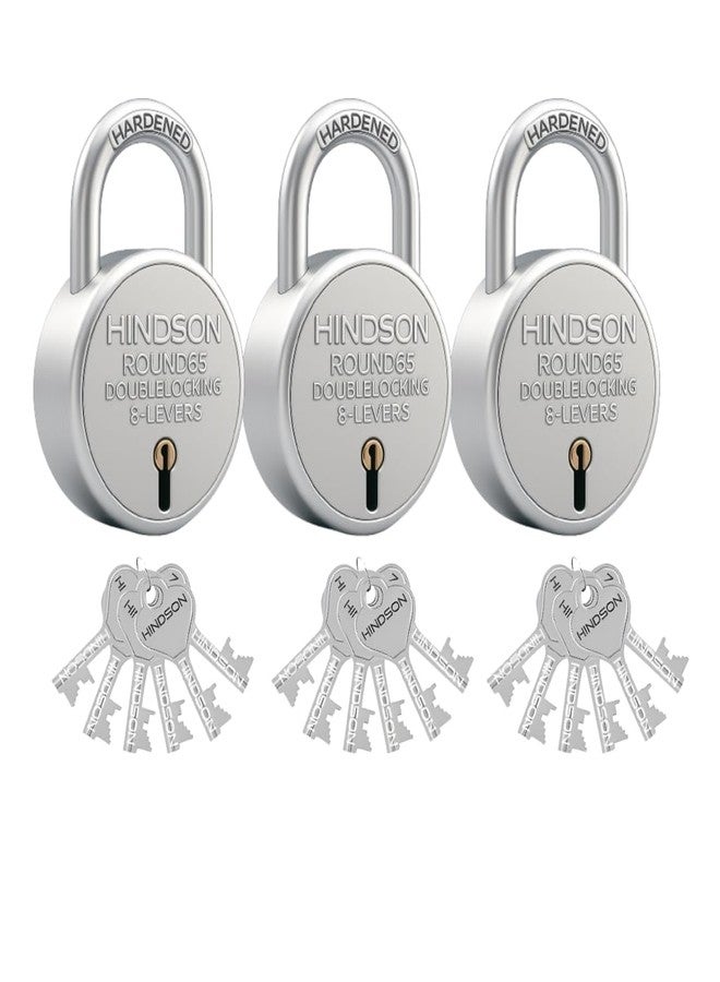 Hindson Round 65 Strong Security Padlocks with 6 Keys for Multi Use - Pack of 3 - Image 1