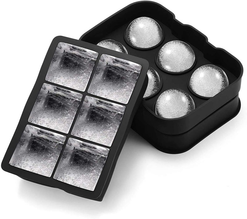 MORGHULIS Silicone Ice Cube Ball Maker Silicone 6 Giant Ice Ball Cube Tray Silicone Sphere Mold Bar Whiskey Cocktails Ice Cube Trays and Sphere Ice Ball Maker Black Round Square Ice Cube Tray - Image 1