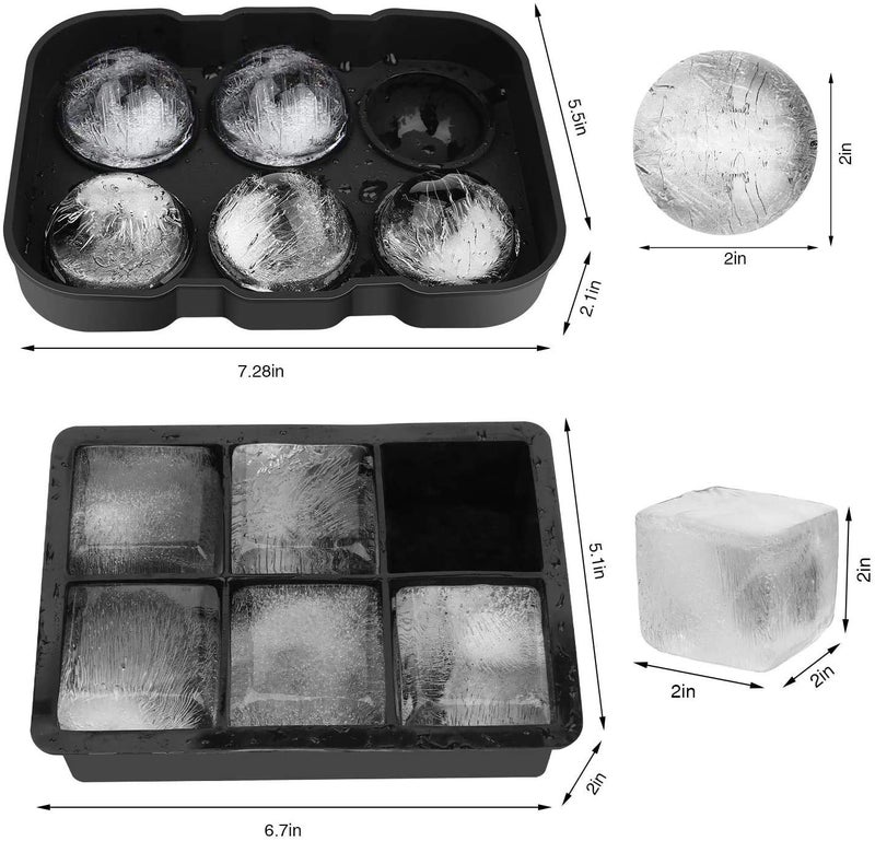 MORGHULIS Silicone Ice Cube Ball Maker Silicone 6 Giant Ice Ball Cube Tray Silicone Sphere Mold Bar Whiskey Cocktails Ice Cube Trays and Sphere Ice Ball Maker Black Round Square Ice Cube Tray - Image 4
