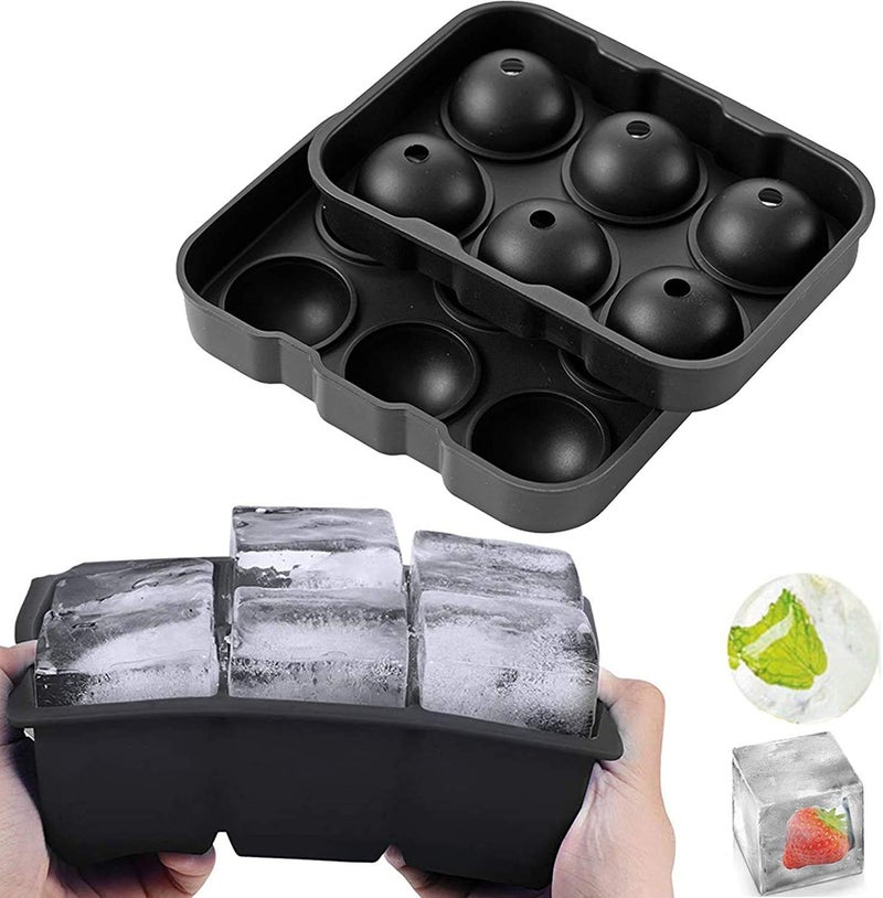 MORGHULIS Silicone Ice Cube Ball Maker Silicone 6 Giant Ice Ball Cube Tray Silicone Sphere Mold Bar Whiskey Cocktails Ice Cube Trays and Sphere Ice Ball Maker Black Round Square Ice Cube Tray - Image 3