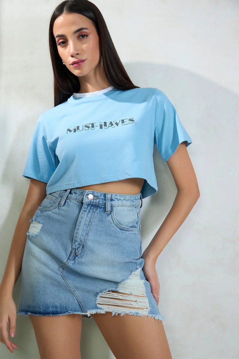 فيرجيو Solid Cotton Contrast Neck Crop Graphic Tee for Women