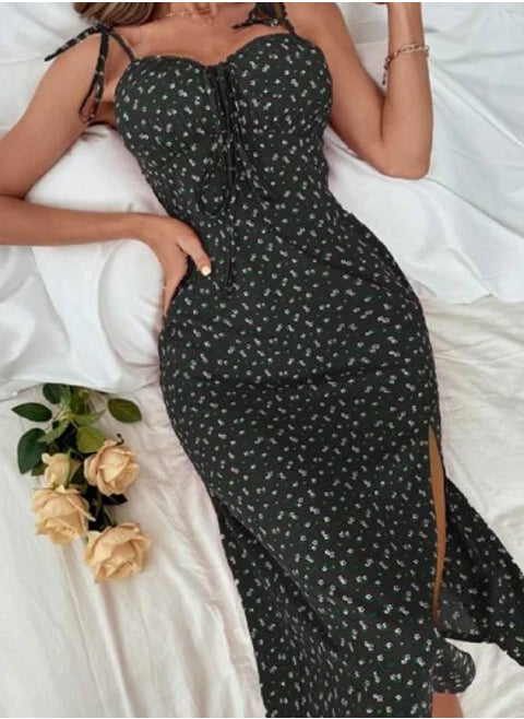 Women's Long Sleeveless Lingerie Dress with Floral Print