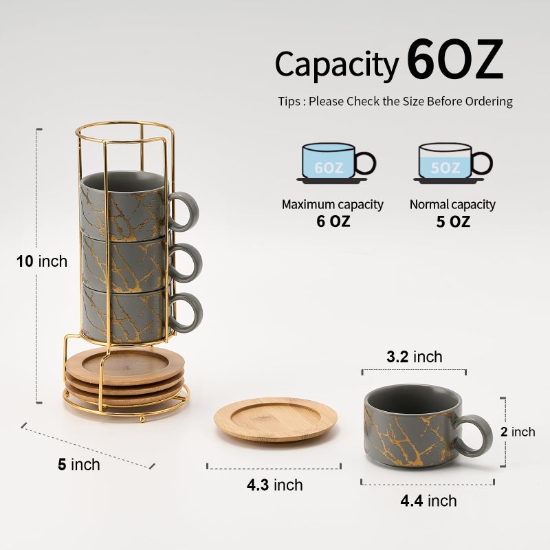 LUKA 6 Ounce Porcelain Stackable Espresso Cups with Saucers and Metal Stand Set of 4, Ceramic Cappuccino Cups Set for Specialty Coffee Drinks, Latte, Cafe Mocha and Tea, Gray - Image 2