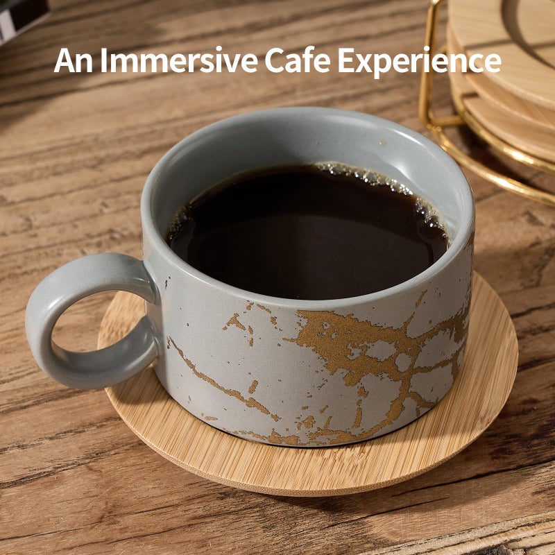 LUKA 6 Ounce Porcelain Stackable Espresso Cups with Saucers and Metal Stand Set of 4, Ceramic Cappuccino Cups Set for Specialty Coffee Drinks, Latte, Cafe Mocha and Tea, Gray - Image 3