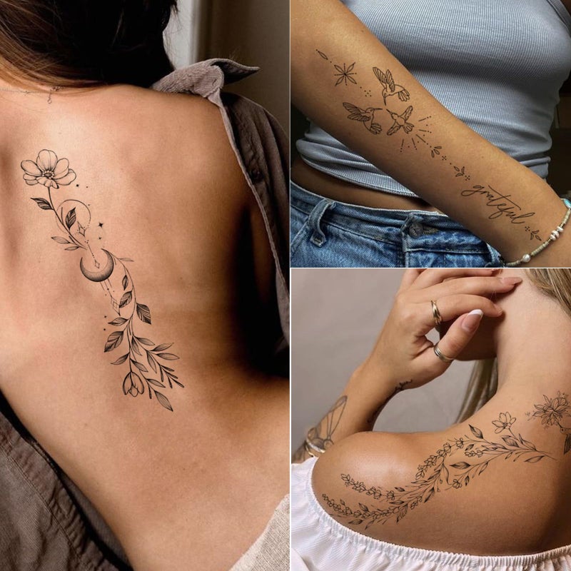 Tazimi Temporary Tattoos For Women Girls-24 Sheets Branch Flower Leaf Wild Plants Sketch Realistic Long-lasting Tattoo Stickers Waterproof Tattoo Sets for Arm Collarbone Leg Backbone Body Art - Image 2