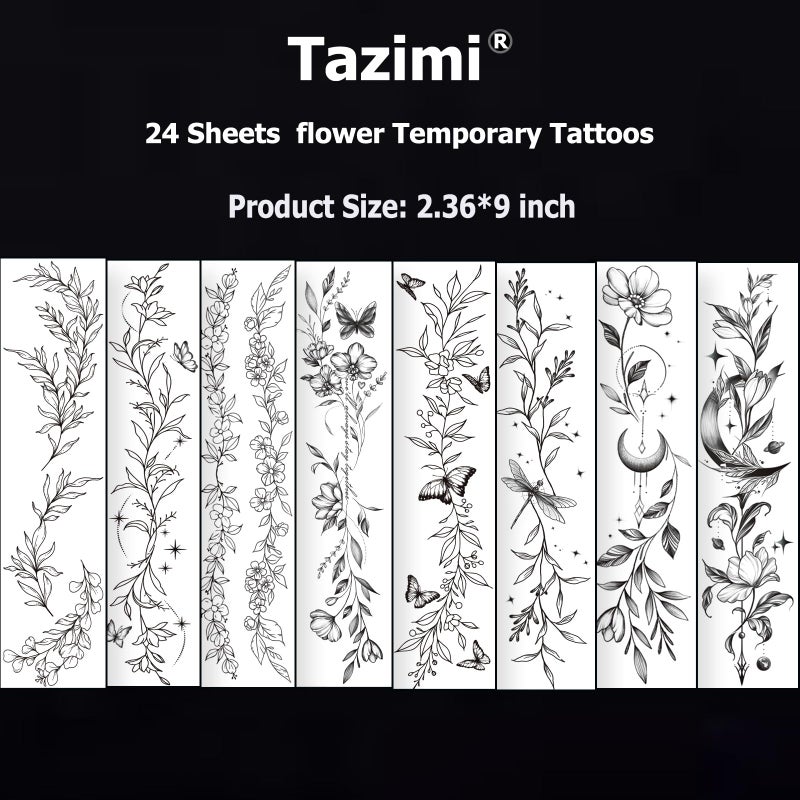 Tazimi Temporary Tattoos For Women Girls-24 Sheets Branch Flower Leaf Wild Plants Sketch Realistic Long-lasting Tattoo Stickers Waterproof Tattoo Sets for Arm Collarbone Leg Backbone Body Art - Image 5
