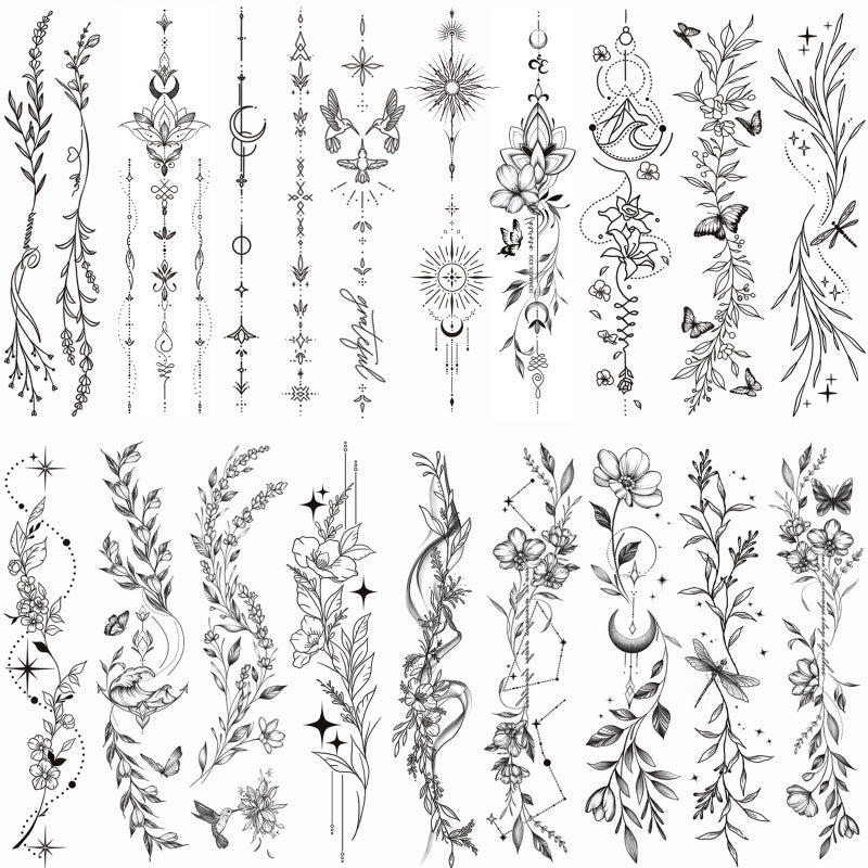Tazimi Temporary Tattoos For Women Girls-24 Sheets Branch Flower Leaf Wild Plants Sketch Realistic Long-lasting Tattoo Stickers Waterproof Tattoo Sets for Arm Collarbone Leg Backbone Body Art - Image 1