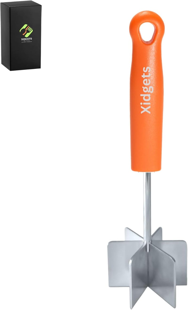 Xidgets Mini Stainless Steel Meat Masher, Small Ground Beef Chopper, Mini-sized Pastry Dough Blender & Crumble Maker. Mini Meat Masher and pastry tool by (Retro Orange) - Image 1