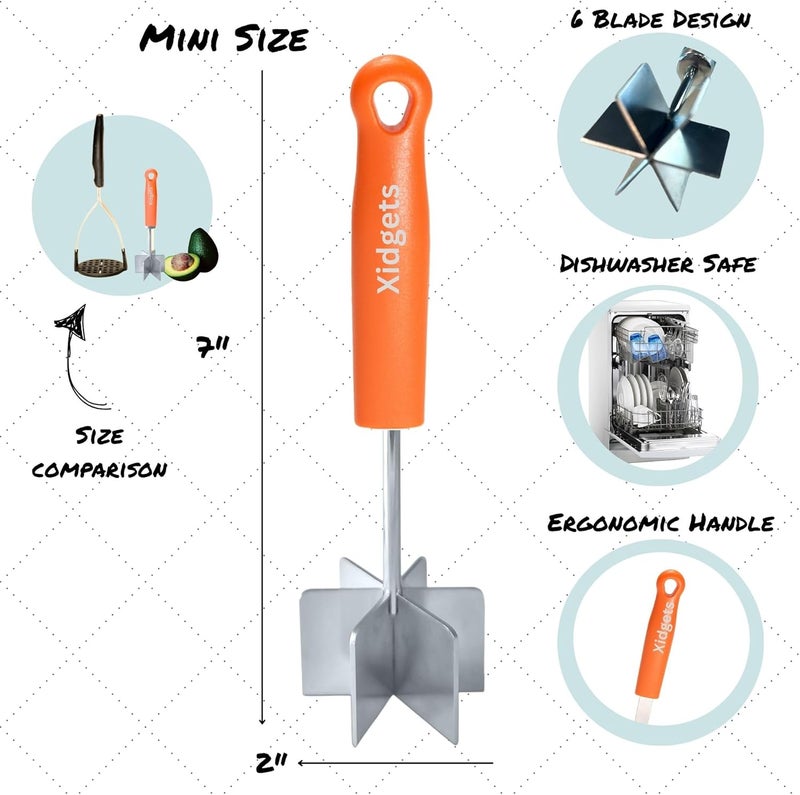 Xidgets Mini Stainless Steel Meat Masher, Small Ground Beef Chopper, Mini-sized Pastry Dough Blender & Crumble Maker. Mini Meat Masher and pastry tool by (Retro Orange) - Image 2