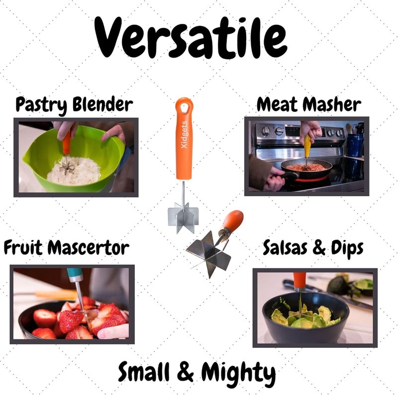 Xidgets Mini Stainless Steel Meat Masher, Small Ground Beef Chopper, Mini-sized Pastry Dough Blender & Crumble Maker. Mini Meat Masher and pastry tool by (Retro Orange) - Image 3