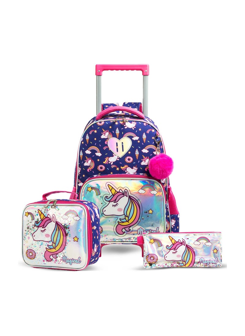 Eazy Kids - 16" Set of 3 Trolley School Bag Lunch Bag & Pencil Case Unicorn Chrome - Blue - Image 1