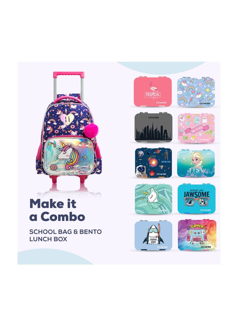 Eazy Kids - 16" Set of 3 Trolley School Bag Lunch Bag & Pencil Case Unicorn Chrome - Blue - Image 1