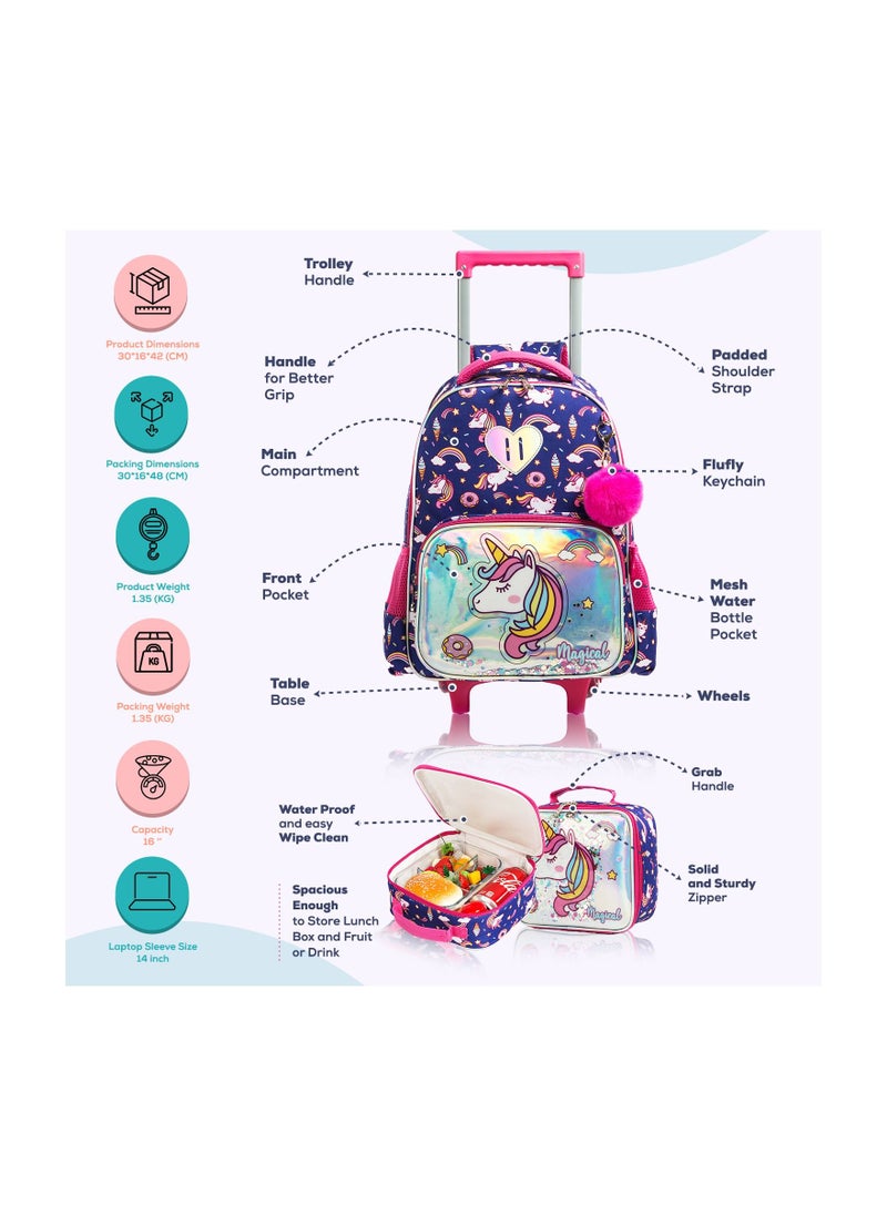 Eazy Kids - 16" Set of 3 Trolley School Bag Lunch Bag & Pencil Case Unicorn Chrome - Blue - Image 1