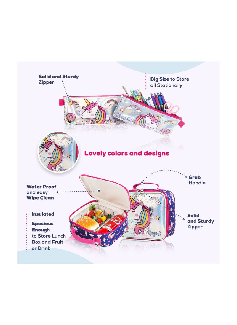 Eazy Kids - 16" Set of 3 Trolley School Bag Lunch Bag & Pencil Case Unicorn Chrome - Blue - Image 1