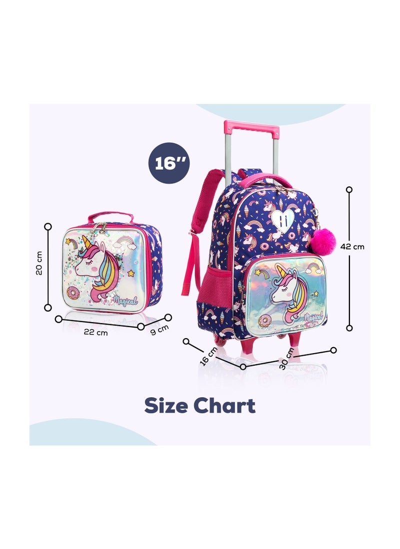 Eazy Kids - 16" Set of 3 Trolley School Bag Lunch Bag & Pencil Case Unicorn Chrome - Blue - Image 1