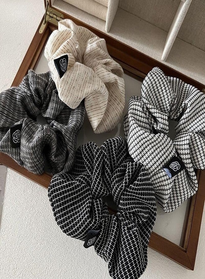 TUCEWP Scrunchies for Women's Hair 4Pcs White Black Gray Beige Scrunchies for Long Thick Hair Ultra Textured Hair Bands Plaids Stripes Scrunchies Cute Ponytail Holders No Damage Elastic Hair Ties - Image 1