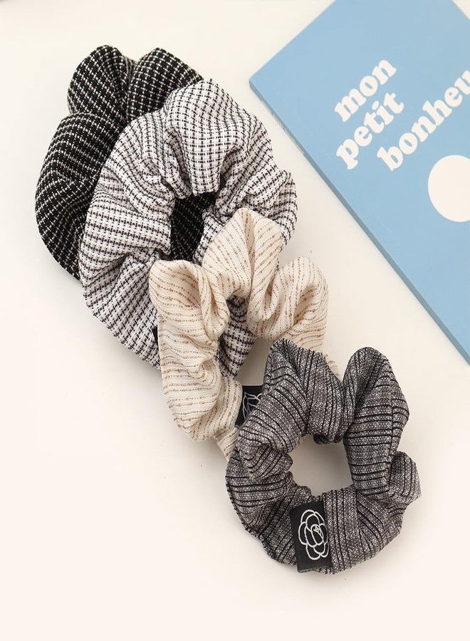 TUCEWP Scrunchies for Women's Hair 4Pcs White Black Gray Beige Scrunchies for Long Thick Hair Ultra Textured Hair Bands Plaids Stripes Scrunchies Cute Ponytail Holders No Damage Elastic Hair Ties - Image 4
