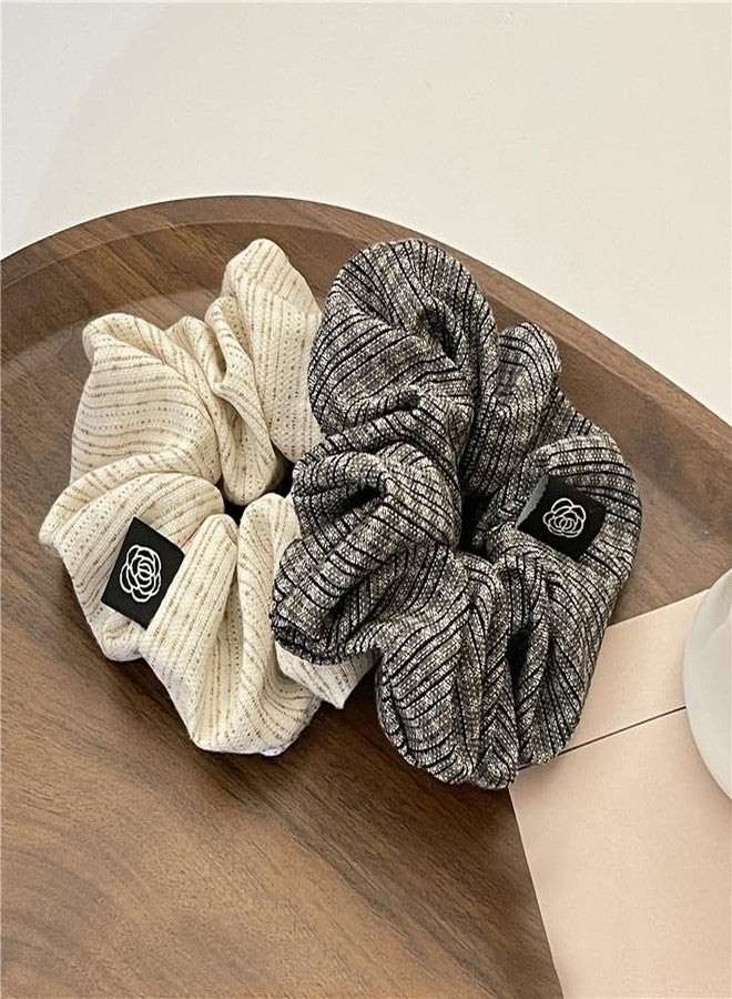TUCEWP Scrunchies for Women's Hair 4Pcs White Black Gray Beige Scrunchies for Long Thick Hair Ultra Textured Hair Bands Plaids Stripes Scrunchies Cute Ponytail Holders No Damage Elastic Hair Ties - Image 5
