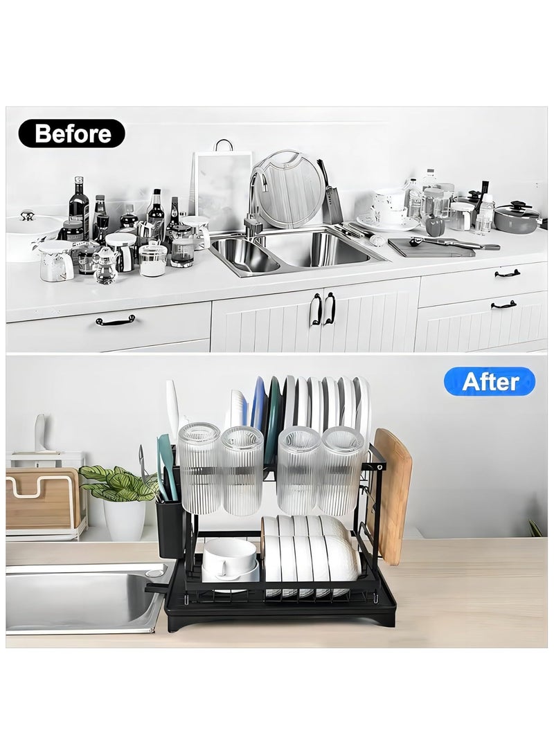 GuRiver Dish Drying Rack, Adjustable 2 tier Dish Drying Stand, Stainless Steel Dish Drainer with Cutlery Rack Cup Rack, Sink Organizer for Water conduction design - Image 3