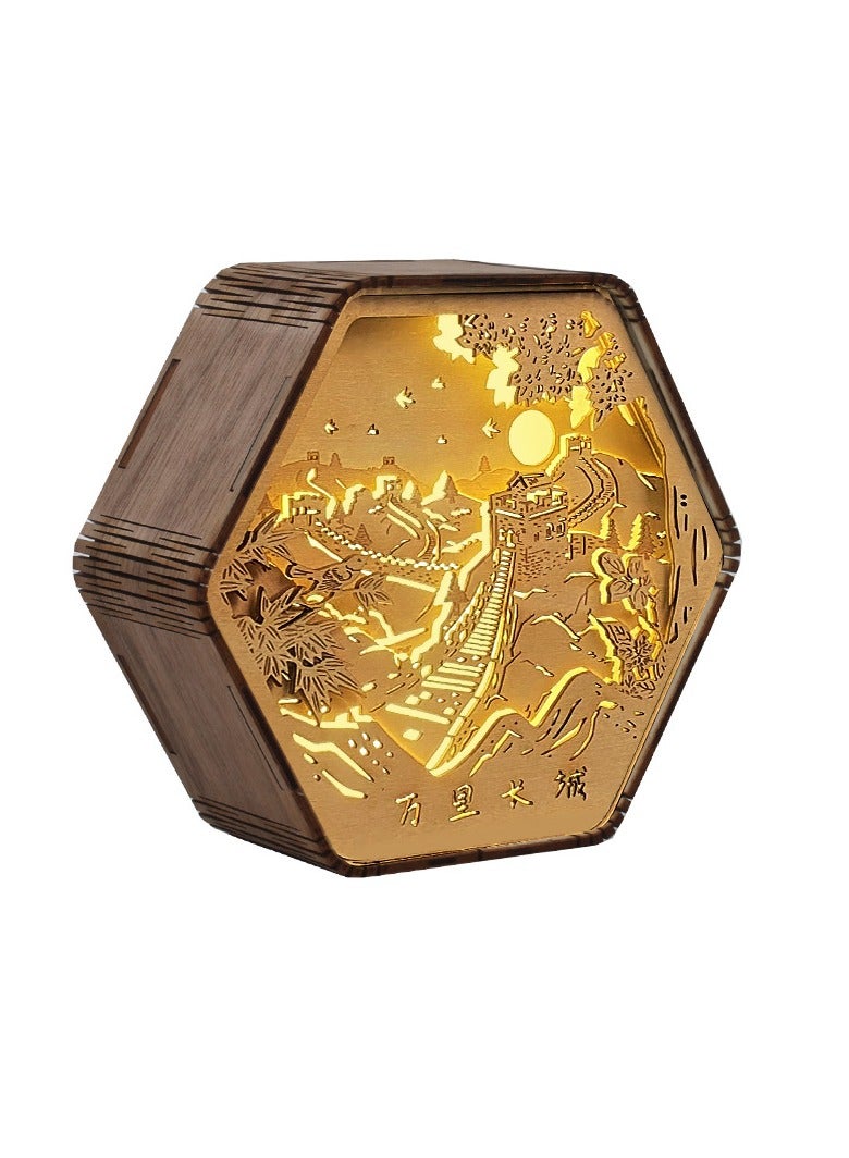 general Dunhuang wood carving lamp creative gift retro literary gift bedside, living room, bedroom, office, dining room, 3D night light decorative ornament table lamp paper carving lamp - Great Wall pattern - Image 1