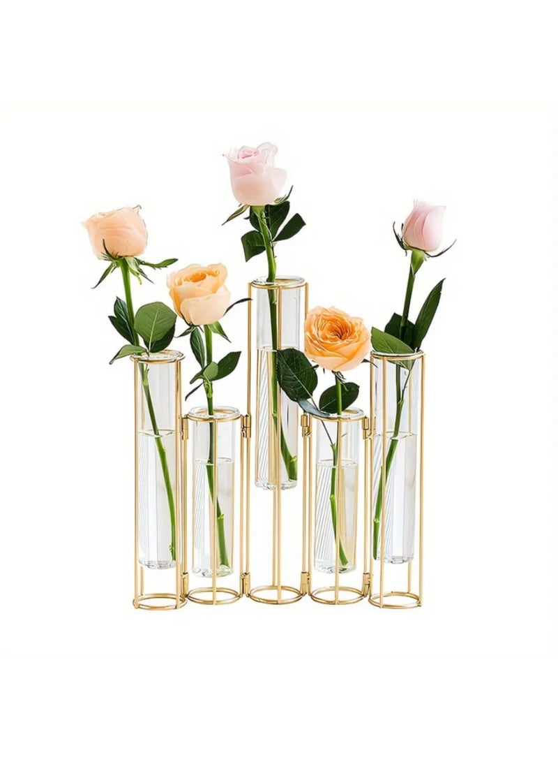 Gold Metal Test Tube Vase with 5 Glass Tubes and Wrought Iron Stand for Wedding Centerpiece Home Decor Table Display Stunning Sturdy Elegant Hydroponic Plant Flower Vase - Image 1