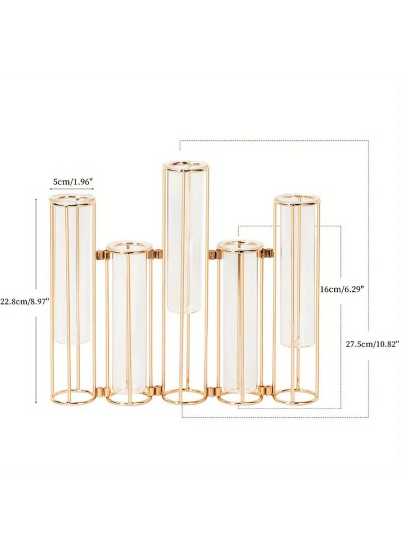Gold Metal Test Tube Vase with 5 Glass Tubes and Wrought Iron Stand for Wedding Centerpiece Home Decor Table Display Stunning Sturdy Elegant Hydroponic Plant Flower Vase - Image 2